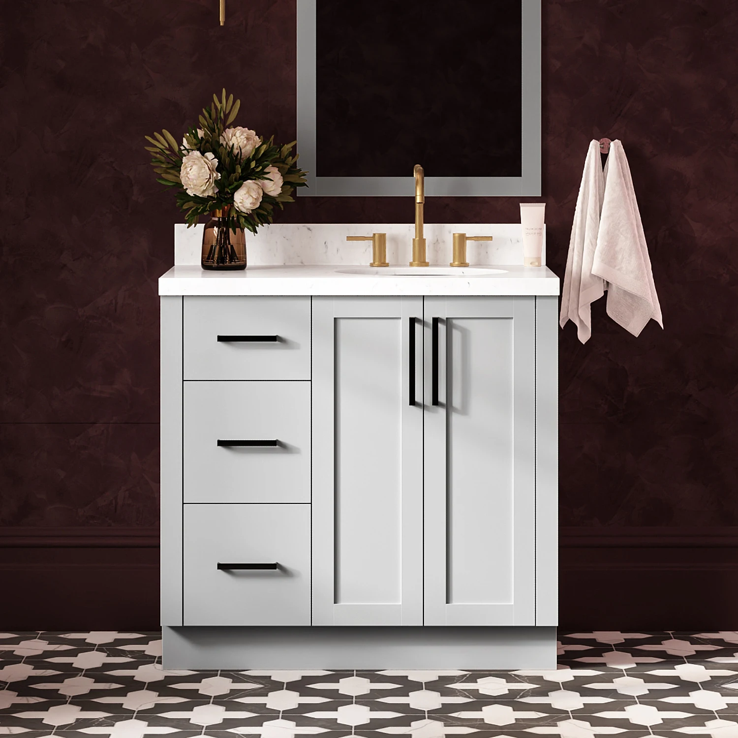 ARIEL Loren 36 Inch Right Offset Single Oval Sink Bathroom Vanity With Carrara White Quartz Countertop 1.5 Inch In Grey