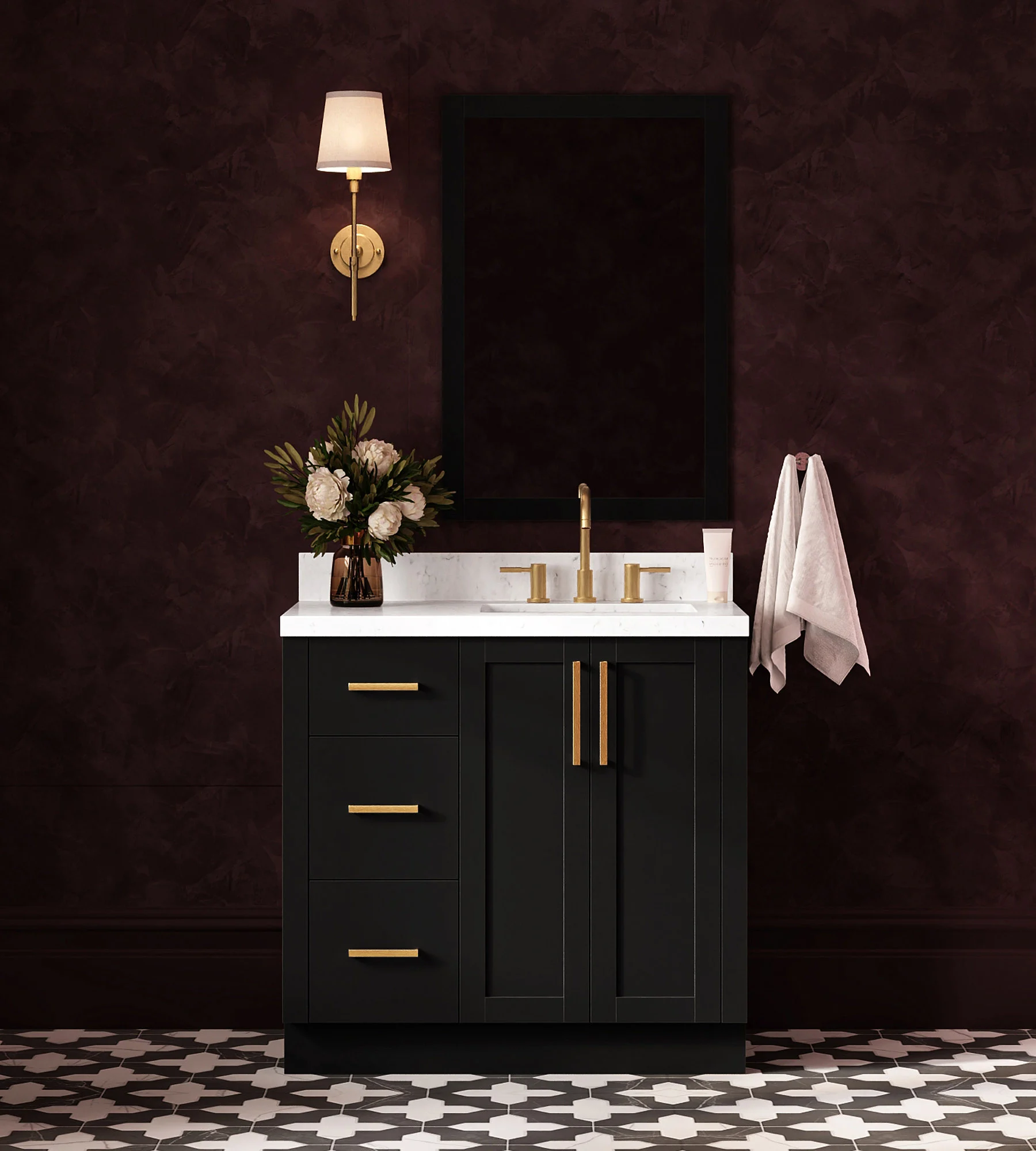 ARIEL Loren 36 Inch Right Offset Single Rectangular Sink Bathroom Vanity With Carrara White Quartz Countertop 1.5 Inch In Black