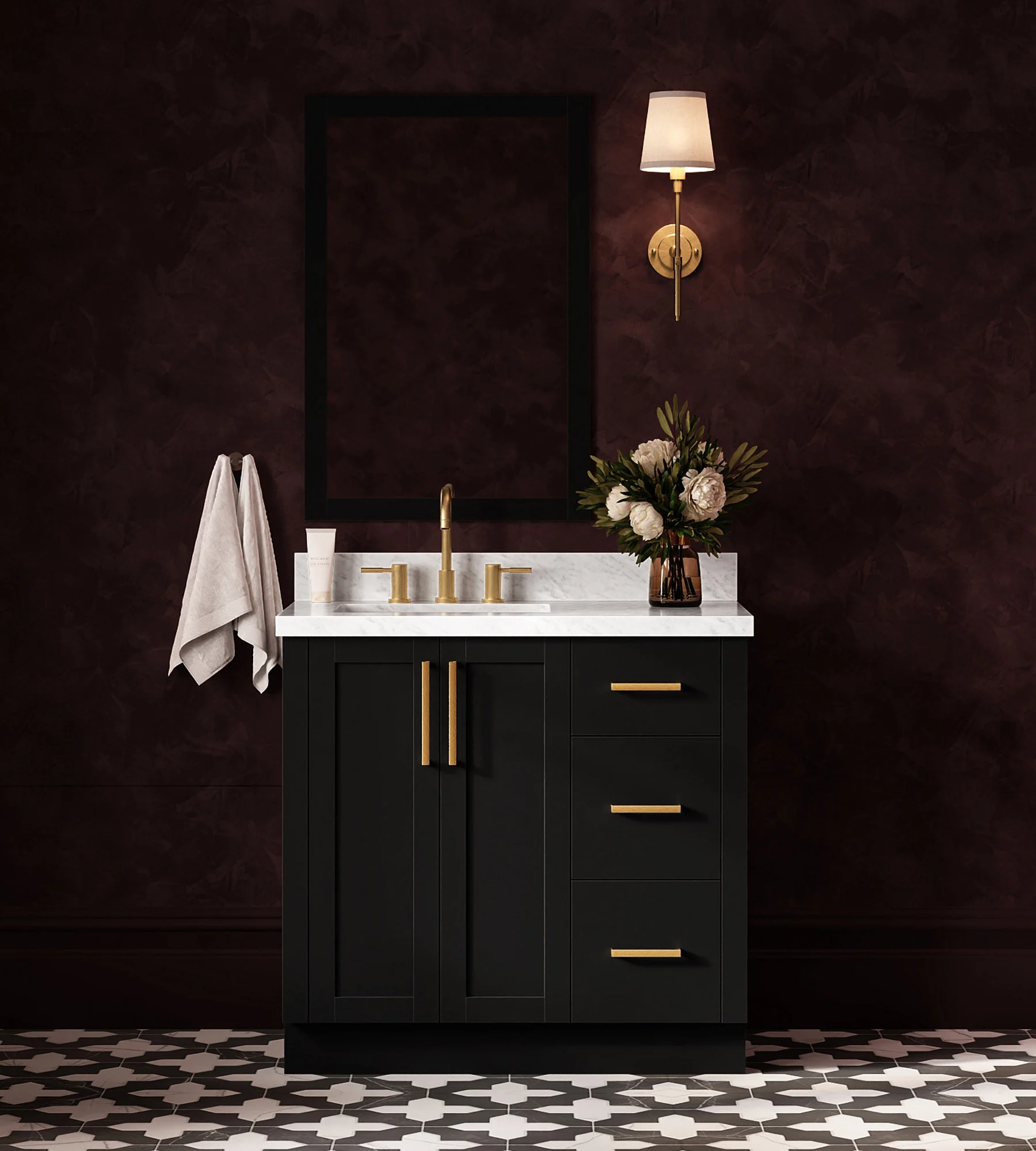 ARIEL Loren 37 Inch Left Offset Single Rectangular Sink Bathroom Vanity With Carrara White Marble Countertop 1.5 Inch In Black