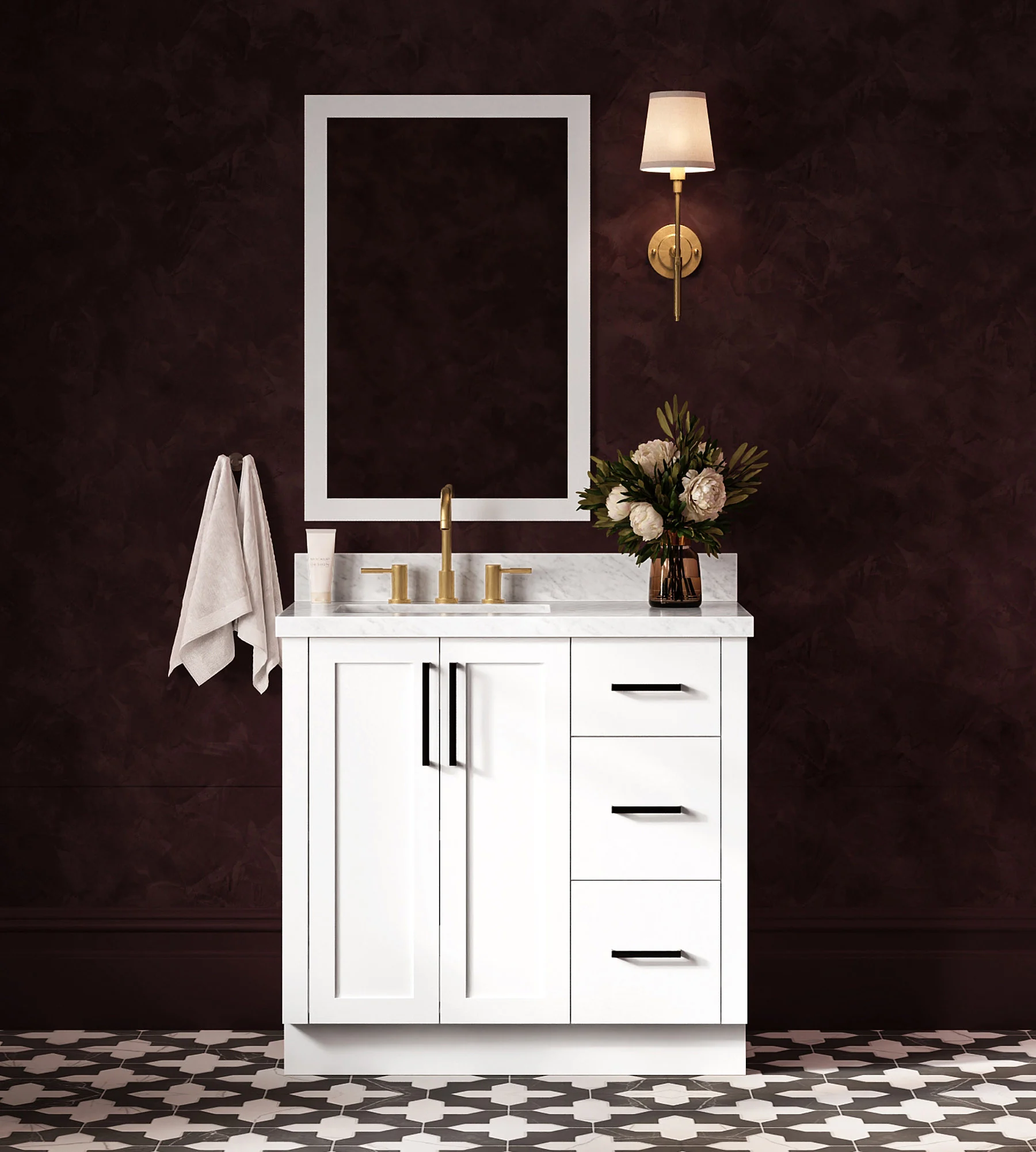 ARIEL Loren 37 Inch Left Offset Single Rectangular Sink Bathroom Vanity With Carrara White Marble Countertop 1.5 Inch In White