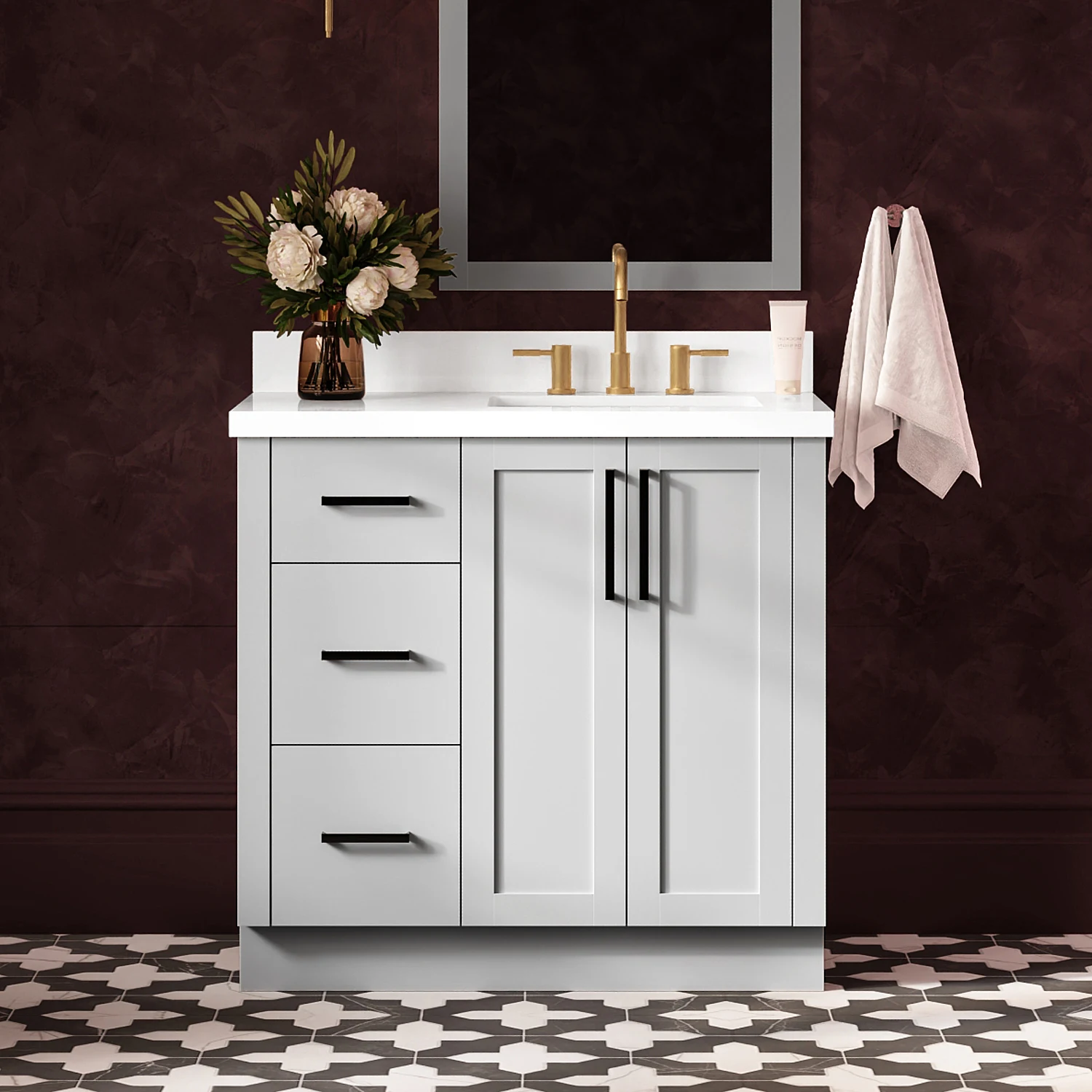 ARIEL Loren 37 Inch Right Offset Single Rectangular Sink Bathroom Vanity With Pure White Quartz Countertop 1.5 Inch In Grey