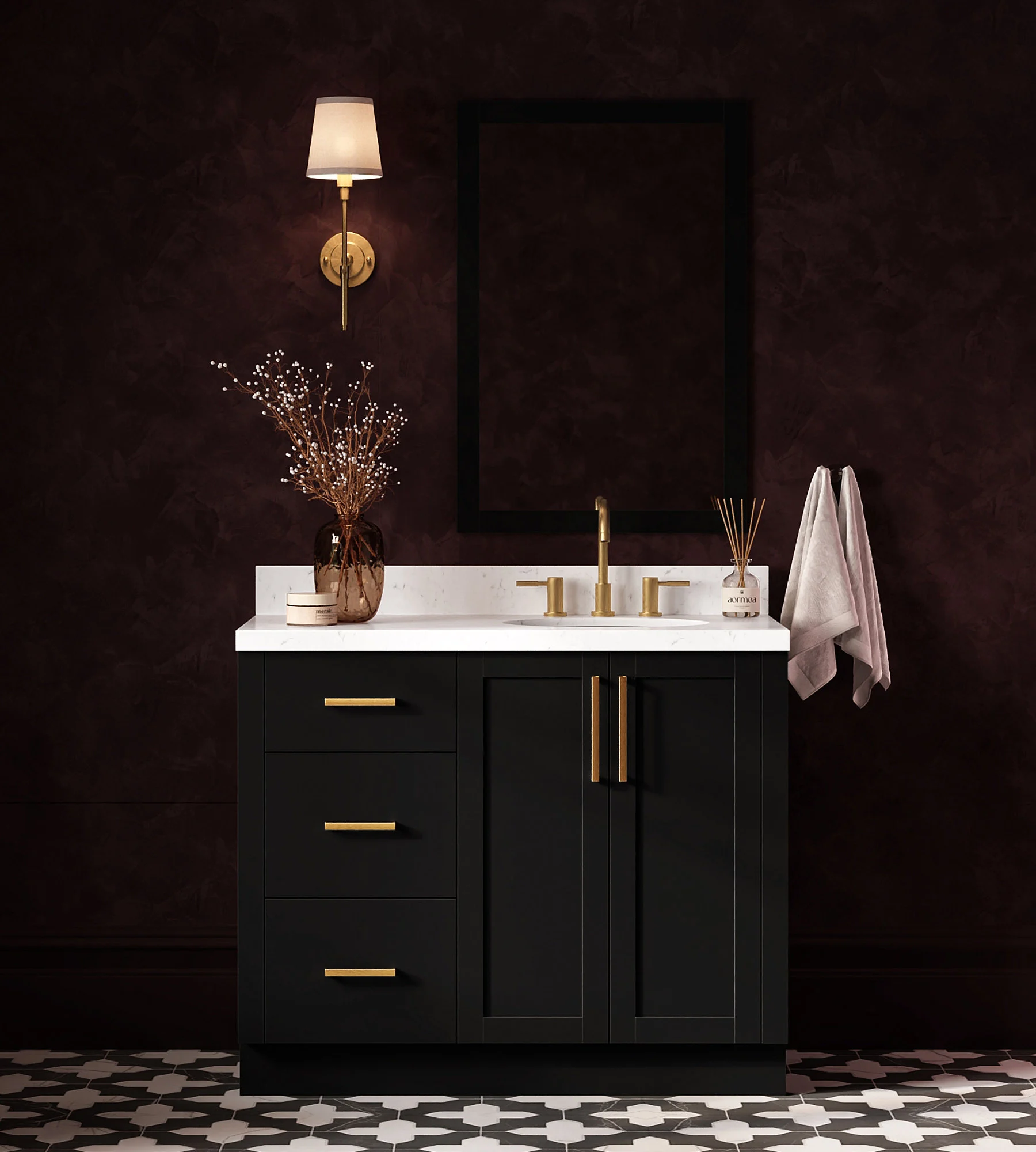 ARIEL Loren 42 Inch Right Offset Single Oval Sink Bathroom Vanity With Carrara White Quartz Countertop 1.5 Inch In Black