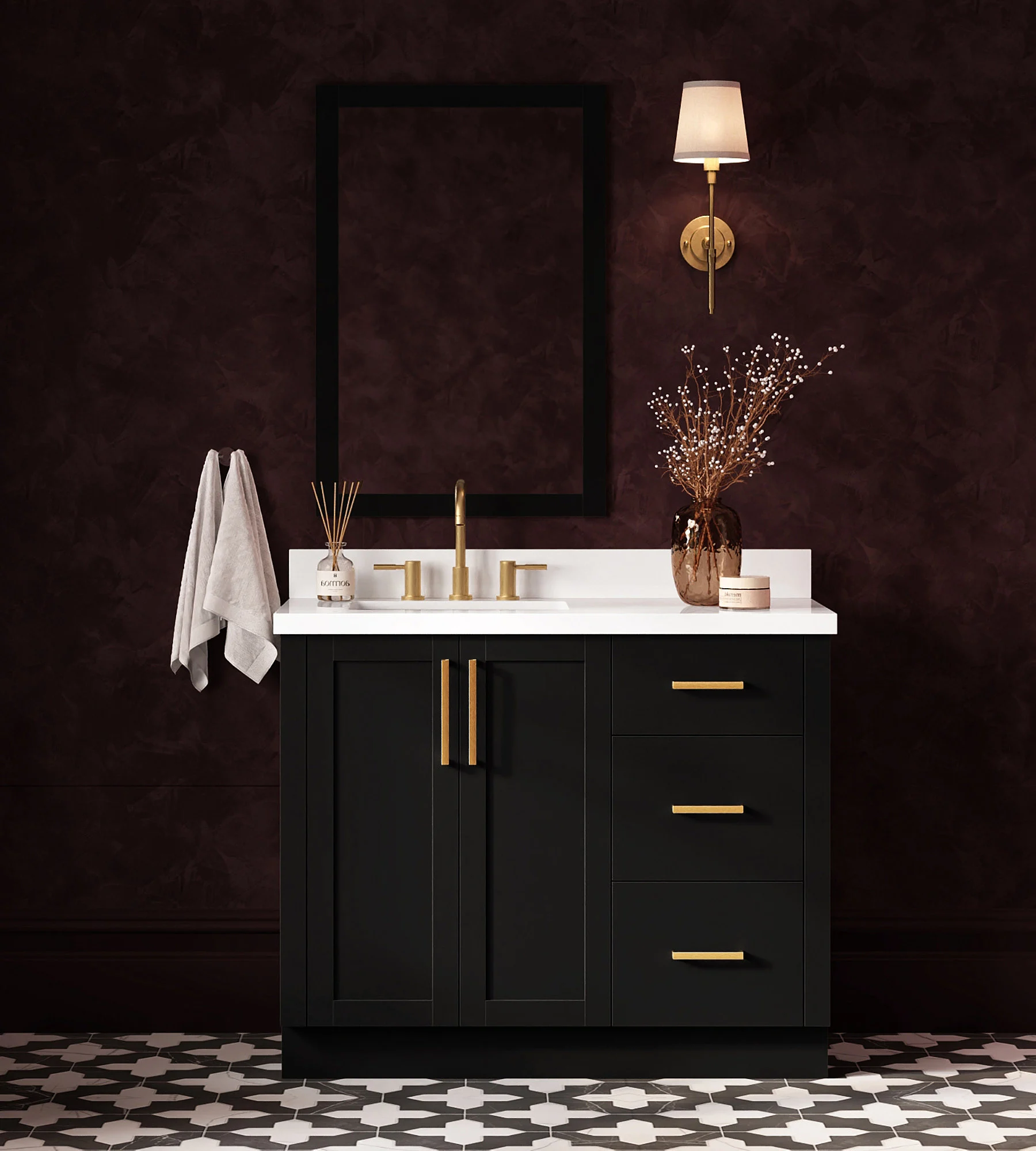 ARIEL Loren 43 Inch Left Offset Single Rectangular Sink Bathroom Vanity With Pure White Quartz Countertop 1.5 Inch In Black