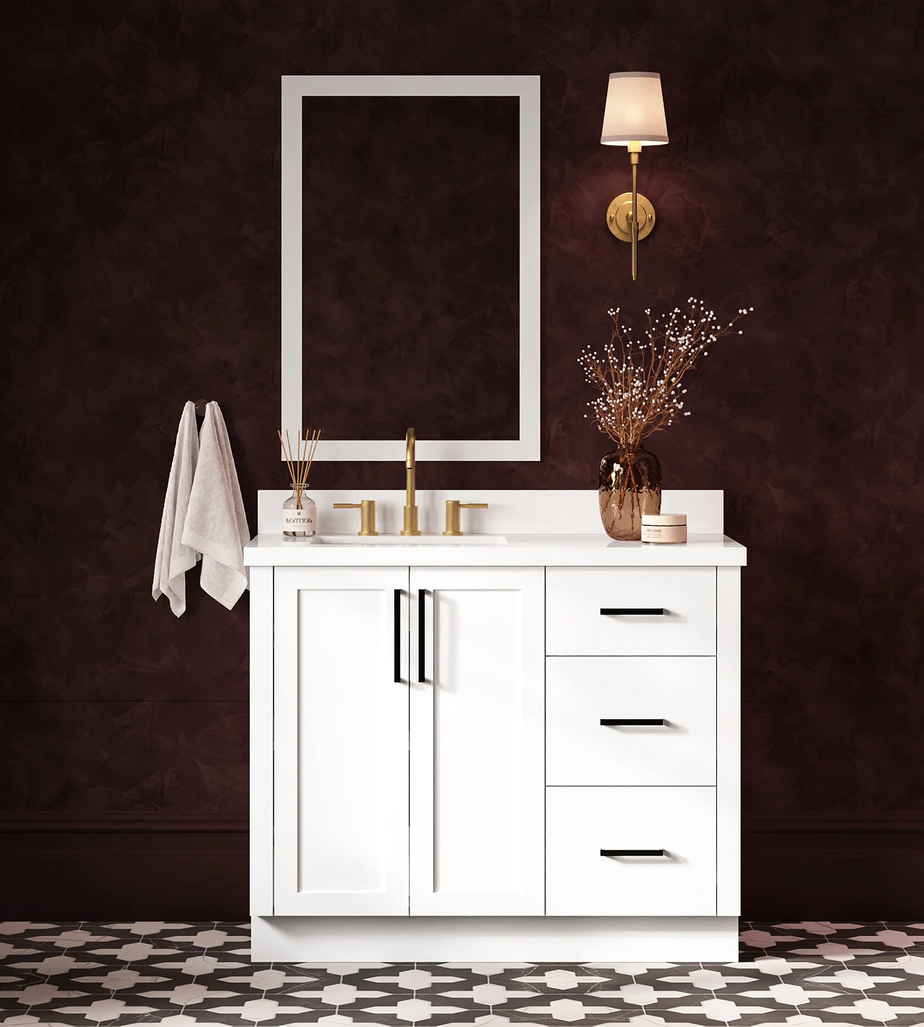 ARIEL Loren 43 Inch Left Offset Single Rectangular Sink Bathroom Vanity With Pure White Quartz Countertop 1.5 Inch In White