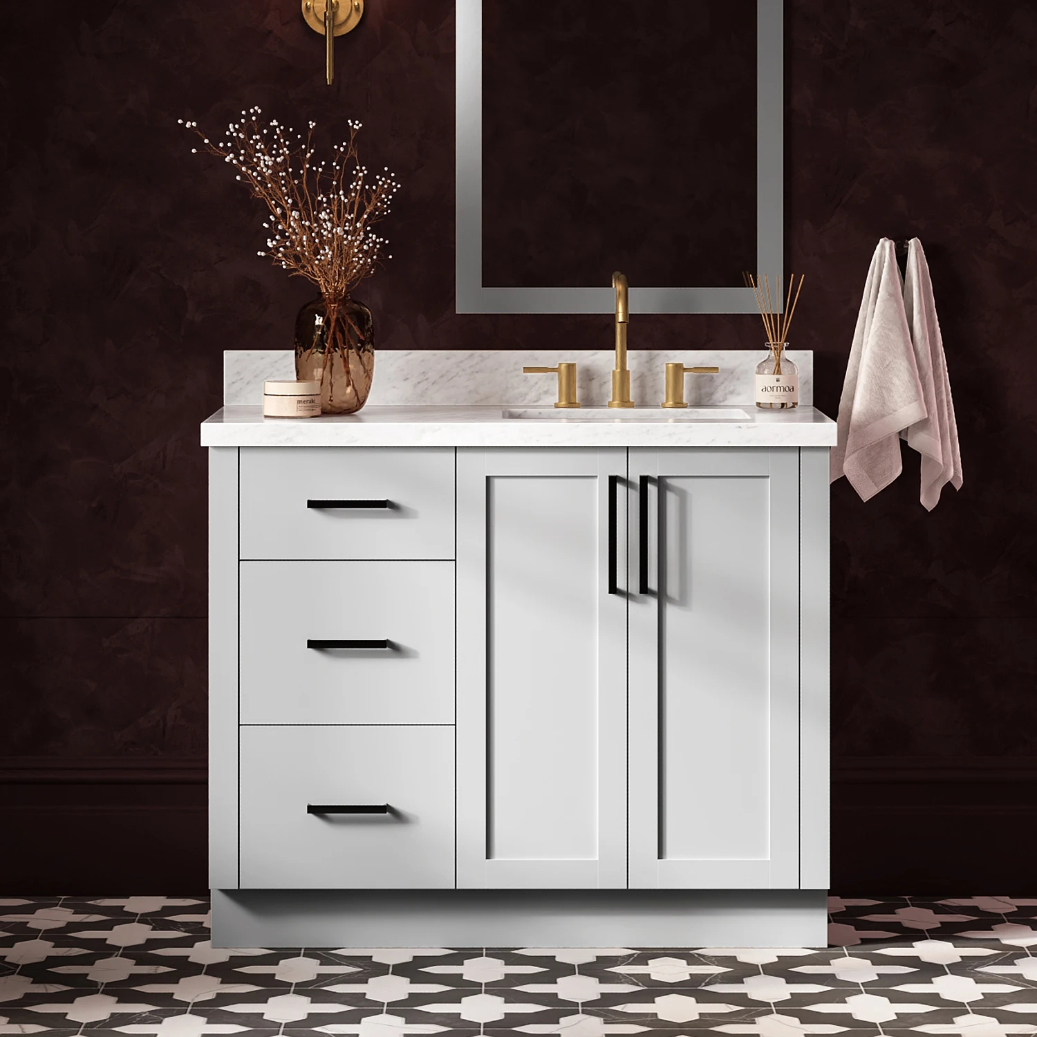 ARIEL Loren 43 Inch Right Offset Single Rectangular Sink Bathroom Vanity With Carrara White Marble Countertop 1.5 Inch In Grey