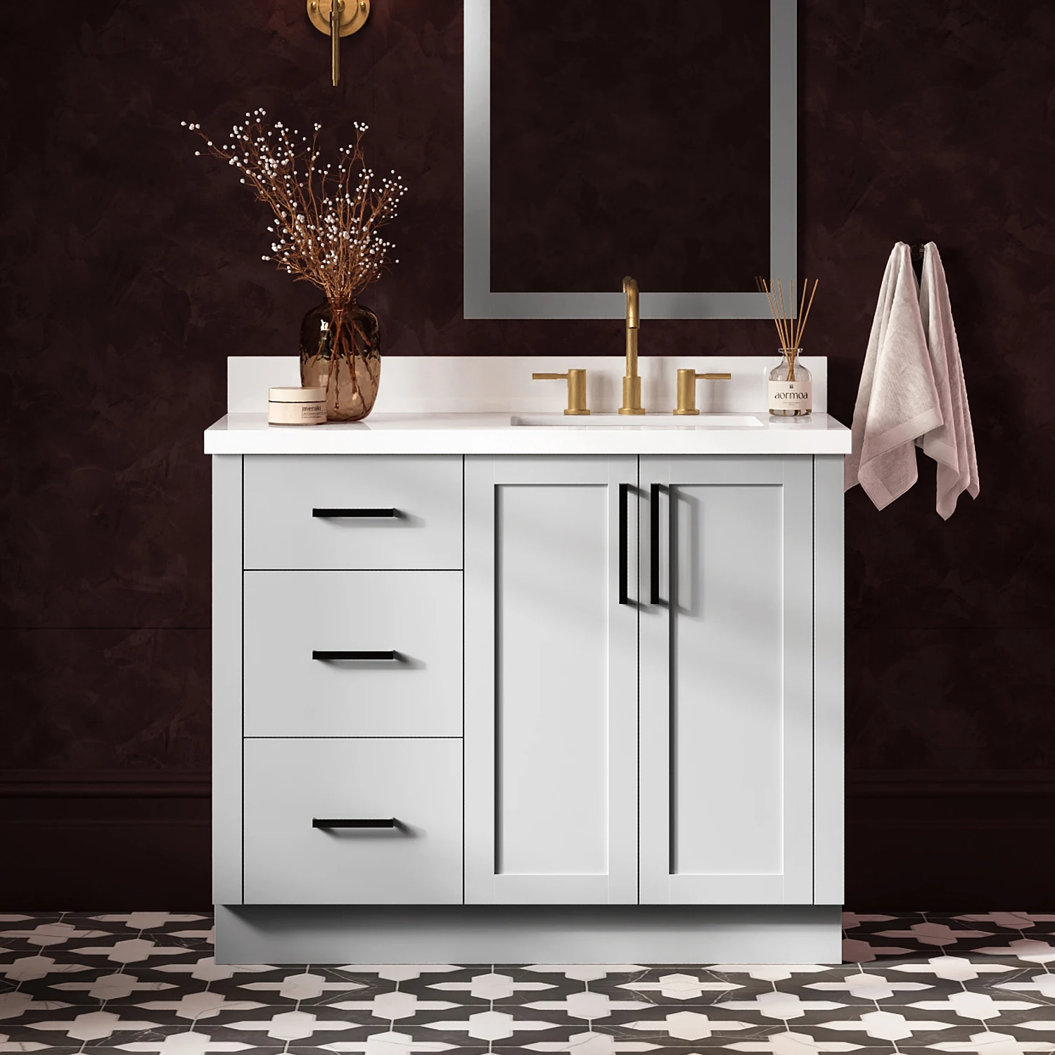 ARIEL Loren 43 Inch Right Offset Single Rectangular Sink Bathroom Vanity With Pure White Quartz Countertop 1.5 Inch In Grey