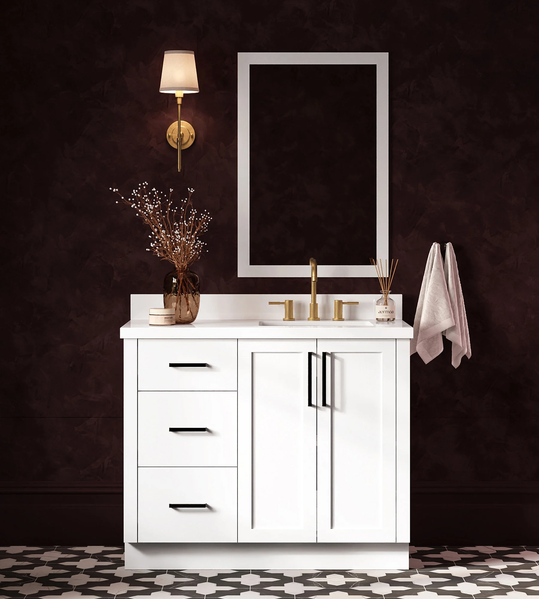 ARIEL Loren 43 Inch Right Offset Single Rectangular Sink Bathroom Vanity With Pure White Quartz Countertop 1.5 Inch In White