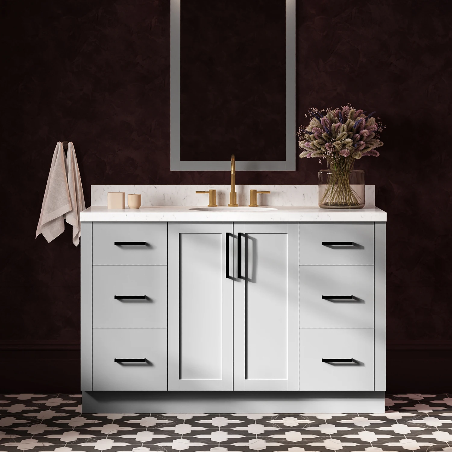 ARIEL Loren 54 Inch Single Oval Sink Bathroom Vanity With Carrara White Quartz Countertop 1.5 Inch In Grey