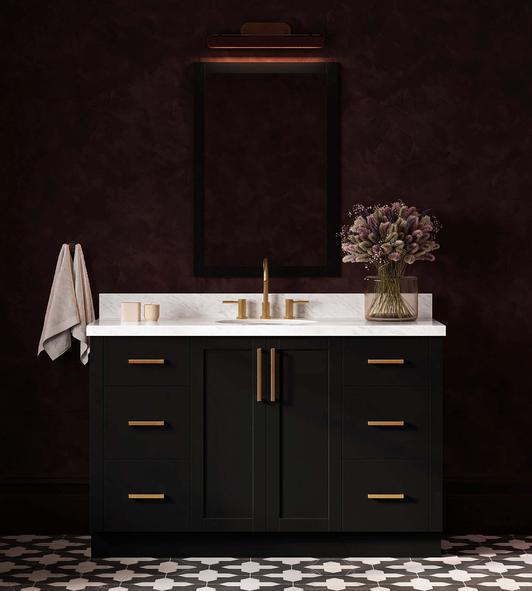 ARIEL Loren 55 Inch Single Oval Sink Bathroom Vanity With Carrara White Marble Countertop 1.5 Inch In Black
