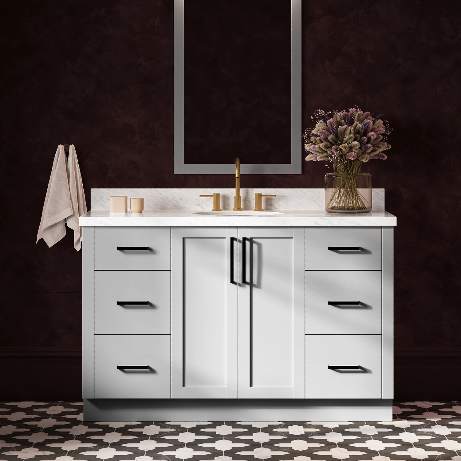 ARIEL Loren 55 Inch Single Oval Sink Bathroom Vanity With Carrara White Marble Countertop 1.5 Inch In Grey
