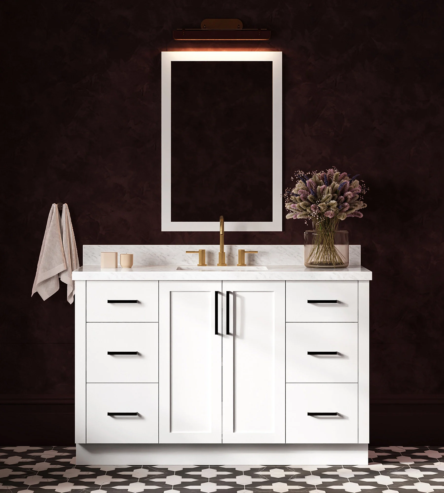 ARIEL Loren 55 Inch Single Rectangular Sink Bathroom Vanity With Carrara White Marble Countertop 1.5 Inch In White