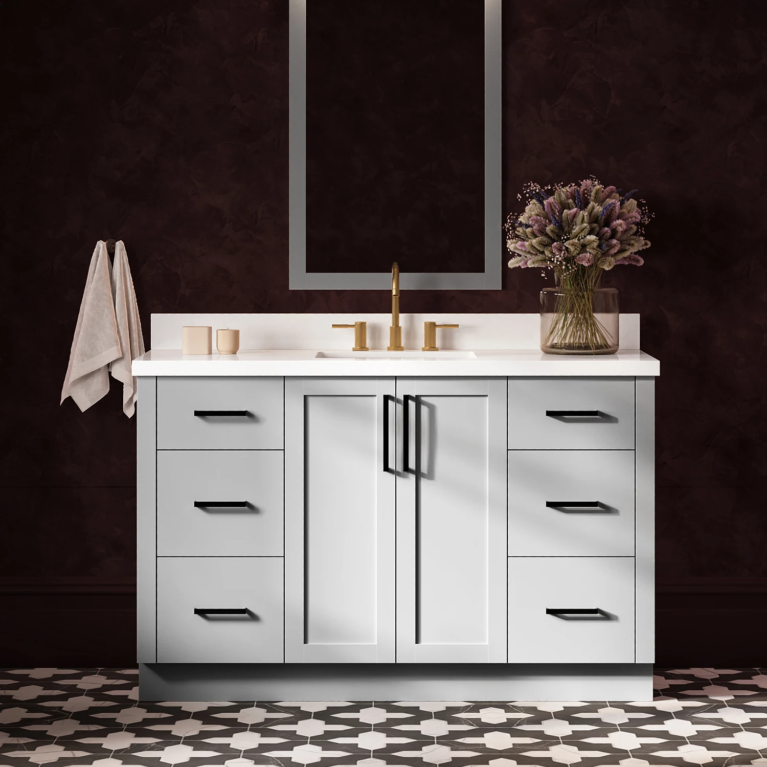 ARIEL Loren 55 Inch Single Rectangular Sink Bathroom Vanity With Pure White Quartz Countertop 1.5 Inch In Grey