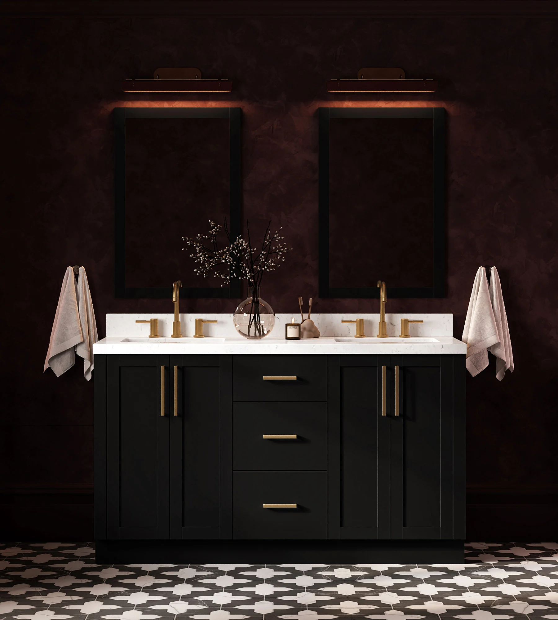 ARIEL Loren 60 Inch Double Rectangular Sink Bathroom Vanity With Carrara White Quartz Countertop 1.5 Inch In Black