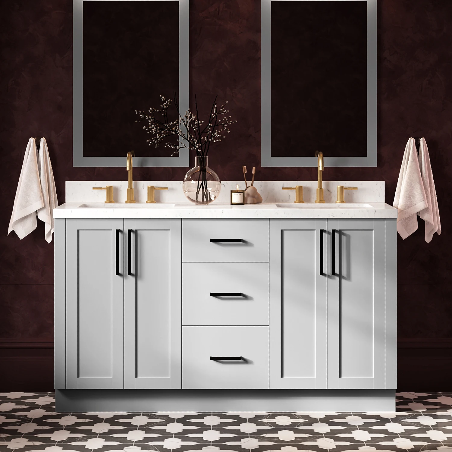 ARIEL Loren 60 Inch Double Rectangular Sink Bathroom Vanity With Carrara White Quartz Countertop 1.5 Inch In Grey