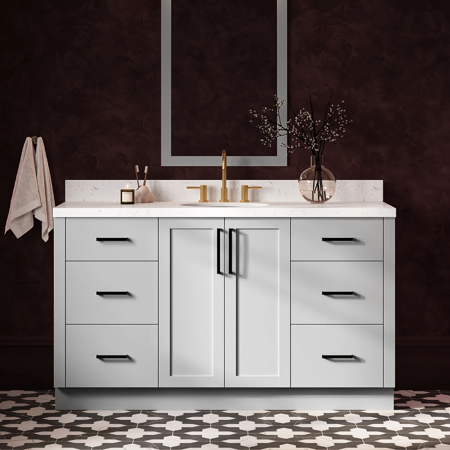 ARIEL Loren 60 Inch Single Oval Sink Bathroom Vanity With Carrara White Quartz Countertop 1.5 Inch In Grey