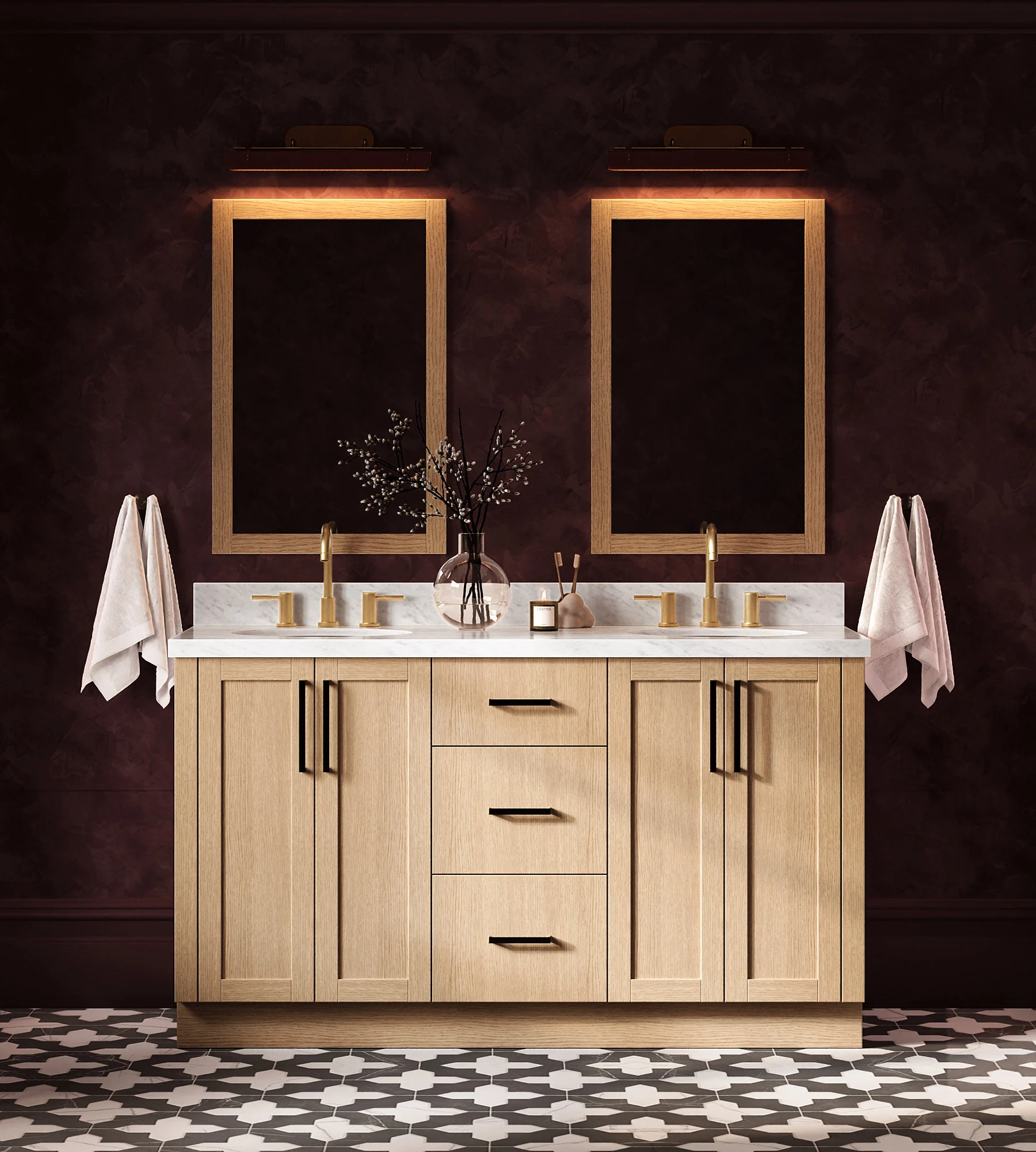 ARIEL Loren 61 Inch Double Oval Sink Bathroom Vanity With Carrara White Marble Countertop 1.5 Inch In Natural Oak