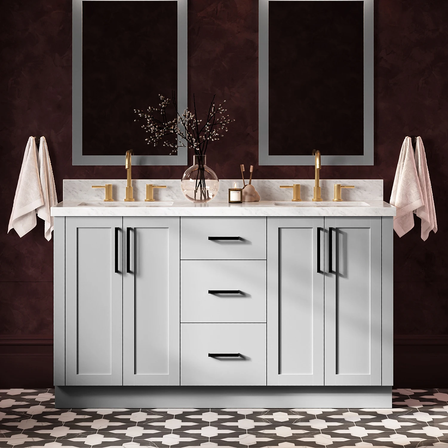 ARIEL Loren 61 Inch Double Rectangular Sink Bathroom Vanity With Carrara White Marble Countertop 1.5 Inch In Grey