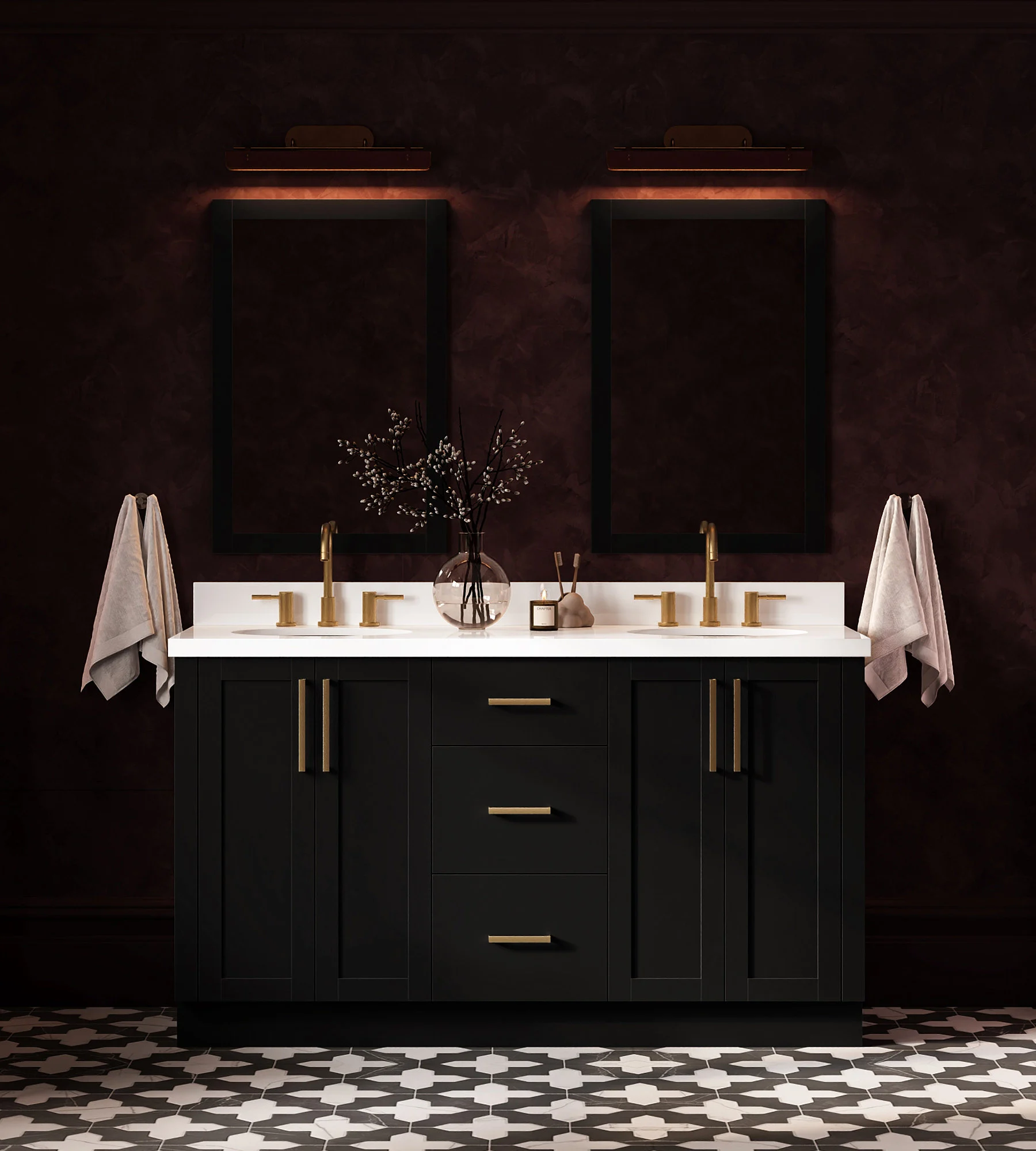 ARIEL Loren 61 Inch Double Oval Sink Bathroom Vanity With Pure White Quartz Countertop 1.5 Inch In Black