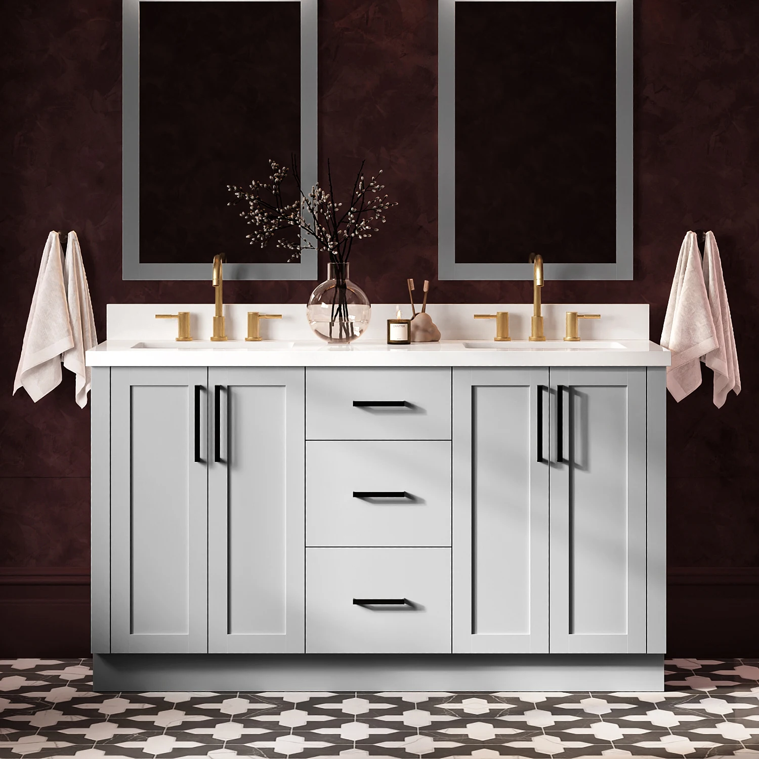 ARIEL Loren 60 Inch Double Sink Base Cabinet In Grey