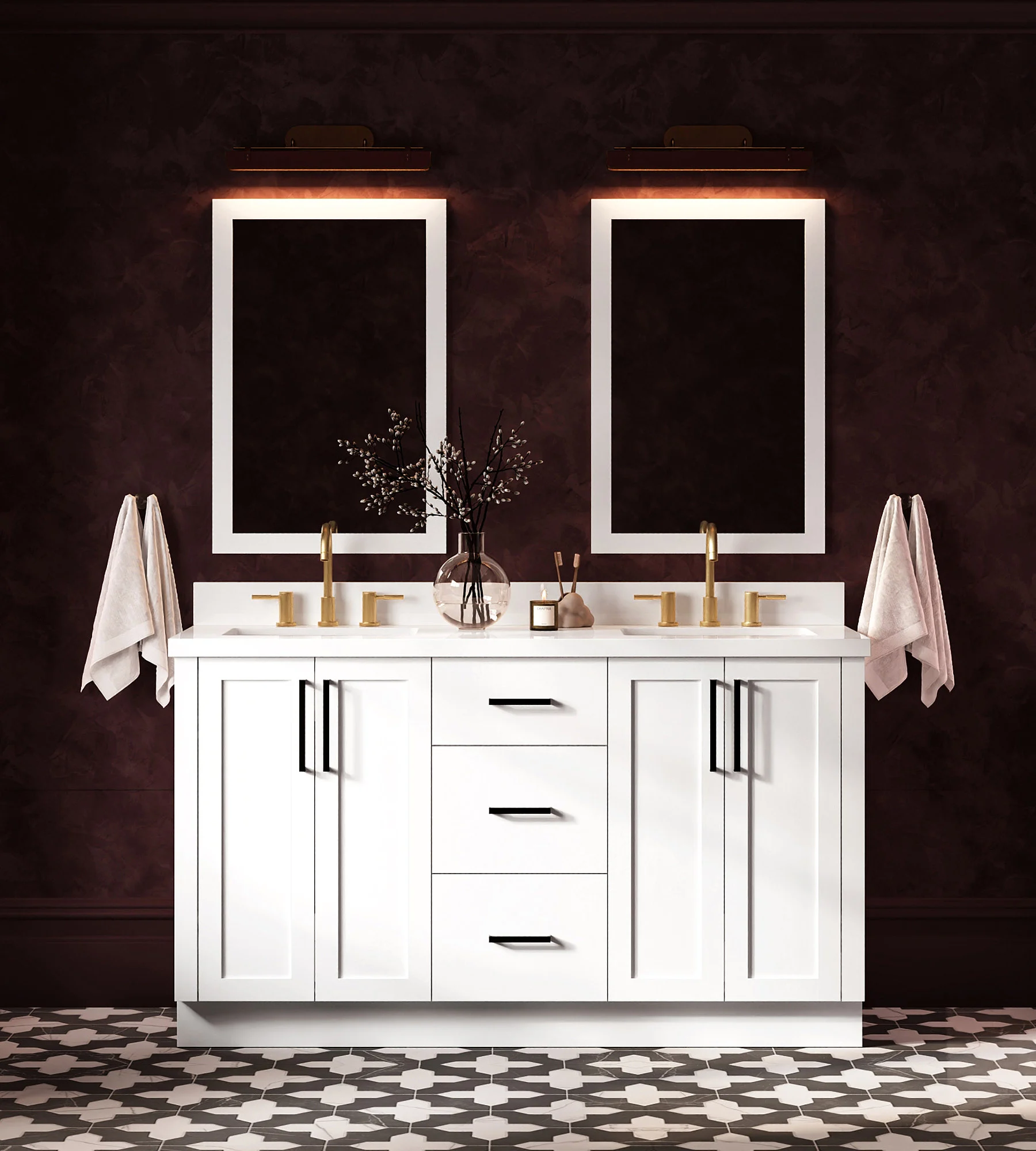 ARIEL Loren 60 Inch Double Sink Base Cabinet In White