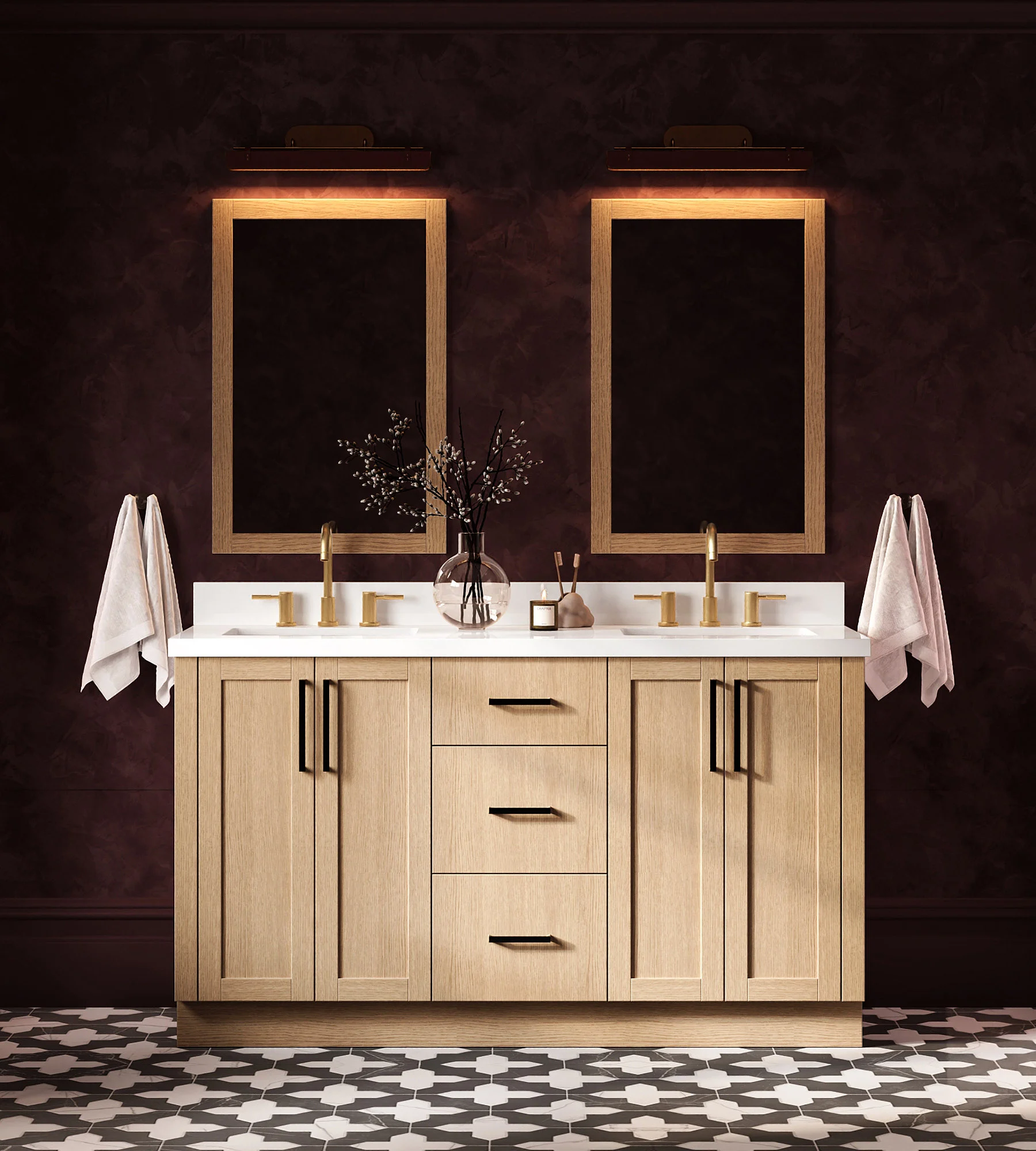 ARIEL Loren 60 Inch Double Sink Base Cabinet In Natural Oak
