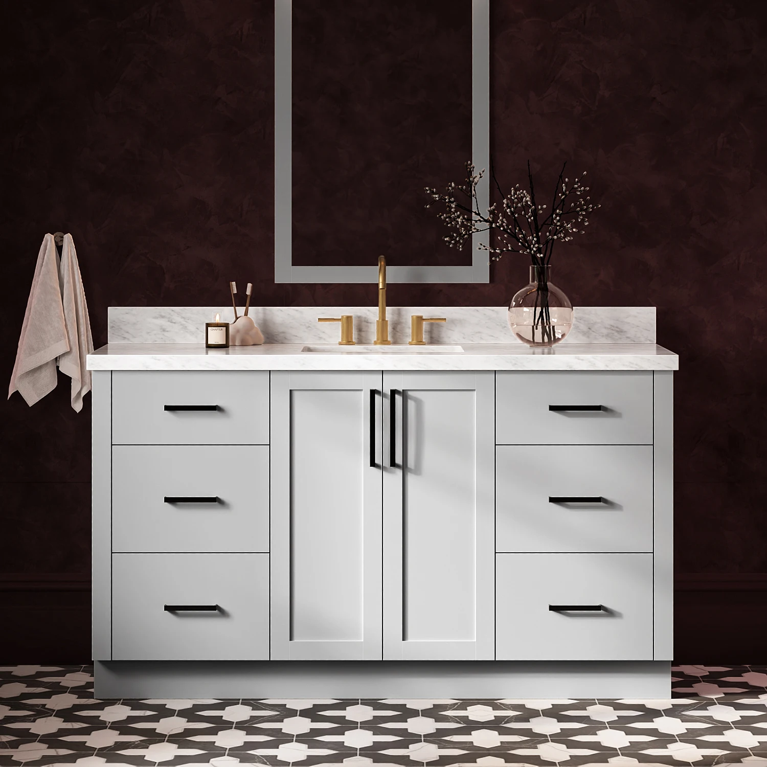 ARIEL Loren 61 Inch Single Rectangular Sink Bathroom Vanity With Carrara White Marble Countertop 1.5 Inch In Grey