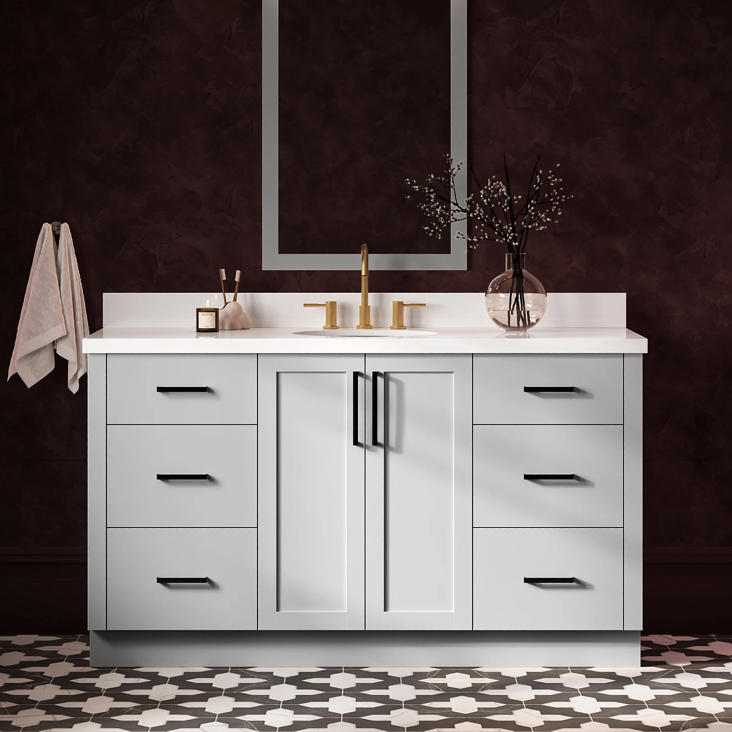 ARIEL Loren 61 Inch Single Oval Sink Bathroom Vanity With Pure White Quartz Countertop 1.5 Inch In Grey