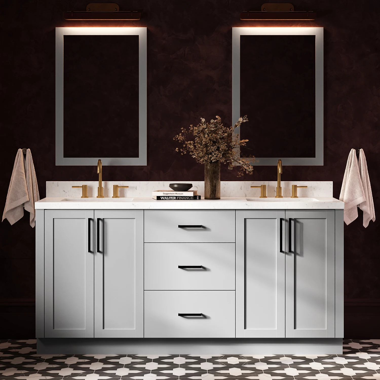 ARIEL Loren 72 Inch Double Rectangular Sink Bathroom Vanity With Carrara White Quartz Countertop 1.5 Inch In Grey