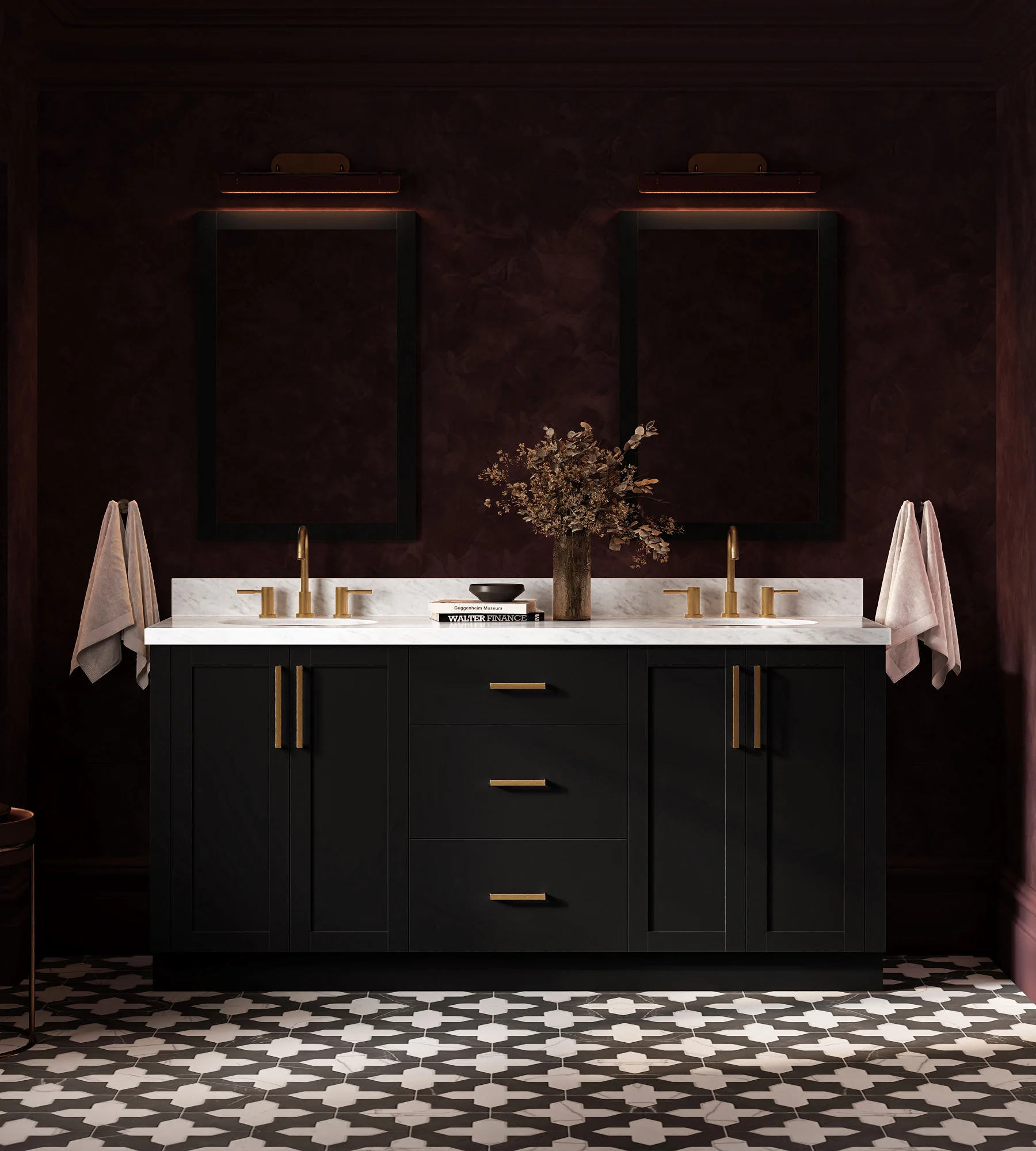 ARIEL Loren 73 Inch Double Oval Sink Bathroom Vanity With Carrara White Marble Countertop 1.5 Inch In Black